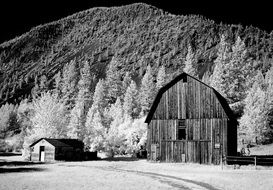 wooden shed at the foot of a mountain in montana in monochrome image