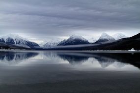 snowy mountains and lake mcdonald at dusk