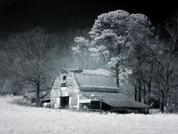 log house amidst a picturesque landscape in alabama, black and white