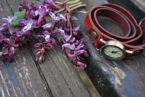 vintage red watch and purple flowers