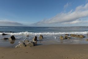Ocean Surf and Rocks on sand Beach, usa, california, monterey