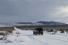 jeep on a snowy road in Nevada