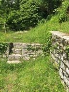 ruins of a stone building with stairs on a sunny day