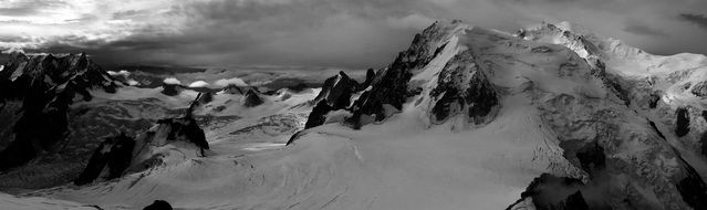 Alps, Panoramic view of snowy summits, black and white