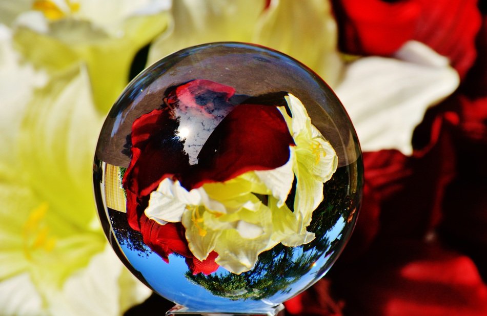 glass ball on the background of bright flowers
