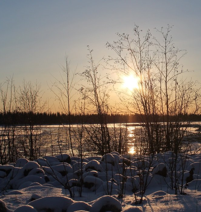 winter sunny day on the Tanana River in Alaska