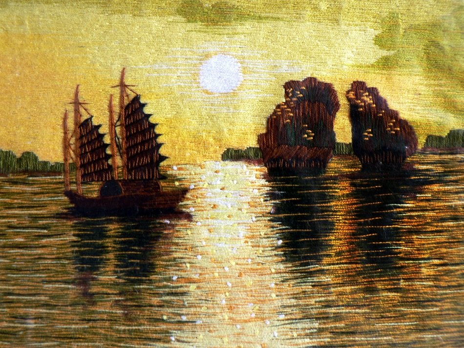landscape of ships at sea in Vietnam on tapestry