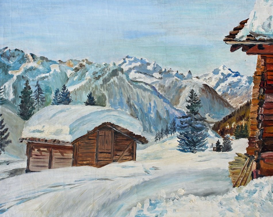 Drawing with the chalets and snow