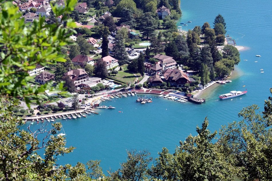 Lake with village aerial panorama