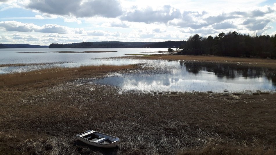 landscape near the lake with a boat on the shore