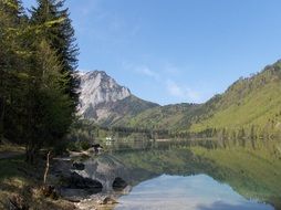 panorama of the forest on the shore of a mountain lake in Austria