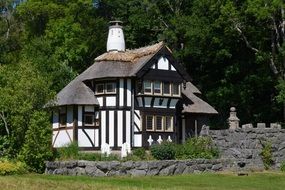 landscape of black and white fachwerkhaus with thatched roof
