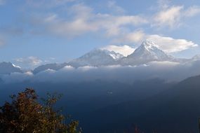 panorama of the annapurna mountain range in the clouds