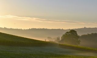 morning haze over picturesque rural landscape