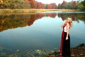 beautiful Girl Lake Autumn Forest