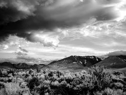 cloudy sky over Yosemite National Park in black and white image