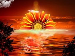 fantasy clipart of romantic sunset and big flower