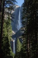 high waterfall on a cliff in the forest