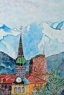 Painting of mountains and village