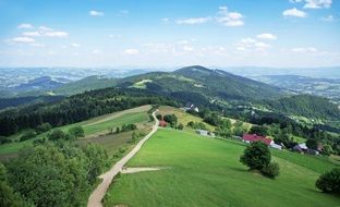 empty soil road on green Mountains, Panoramic View, poland, beskids