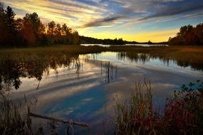 panorama of sunset over a lake in Quebec Canada