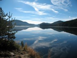 clouds are reflected in the calm water of the lake