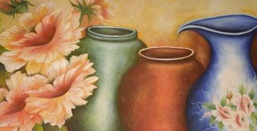 painting in the form of flowers near jugs