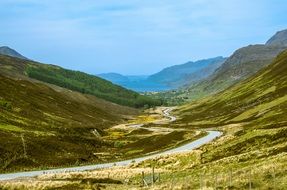 curved Road through mountains to Lake, uk, scotland, loch maree