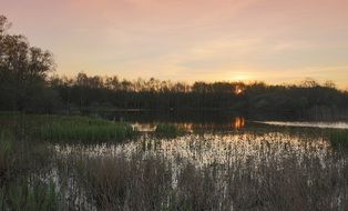 spring Sunrise at calm forest lake, denmark