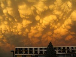 Beautiful yellow mammatocumulus clouds above the landscape