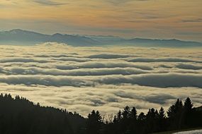 thick white clouds over the alps at sunset