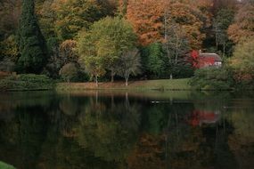 autumn forest and rural house by the lake