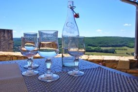 closeup view of bottle with glasses on the table