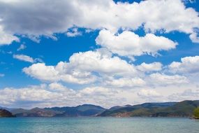 bright white clouds in the blue sky, lugu lake