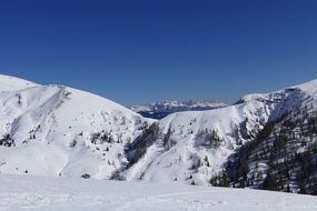 snow in the mountains under a blue sky in winter