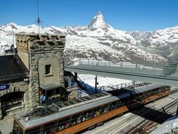 landscape of train station in view of Matterhorn mountain in Switzerland