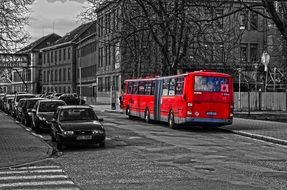 red bus on a city street