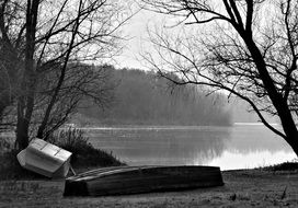 Boats on grass beneath trees at Water, Black And White