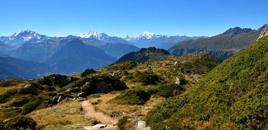panoramic view of the trail in the alps on a sunny day