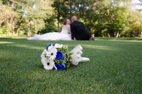 wedding bouquet on green grass for a photo shoot