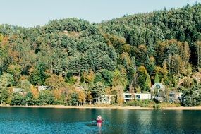 remote view of a boat on a lake on a sunny day