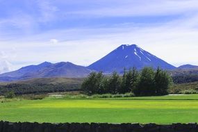 Mount Ngauruhoe at cloudy sky, distant view, New Zealand