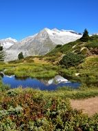 Mountain mirroring on blue lake, tranquil Landscape, switzerland