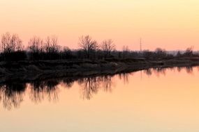 bare Trees Mirroring on Lake at Sunset