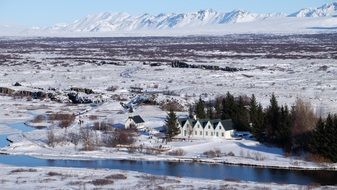 Iceland frozen lake and mountain