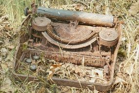 rotting typewriter in dry grass