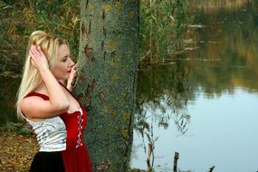 Blonde Girl Lake Autumn Forest scene