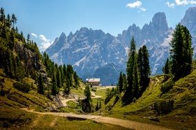 photo of pasture on the background of the Alpine mountains in Italy