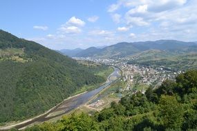 river and village in beautiful mountain valley, ukraine, Carpathians, Mezhyhirya