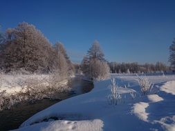 Winter Landscape of Small frozen River
